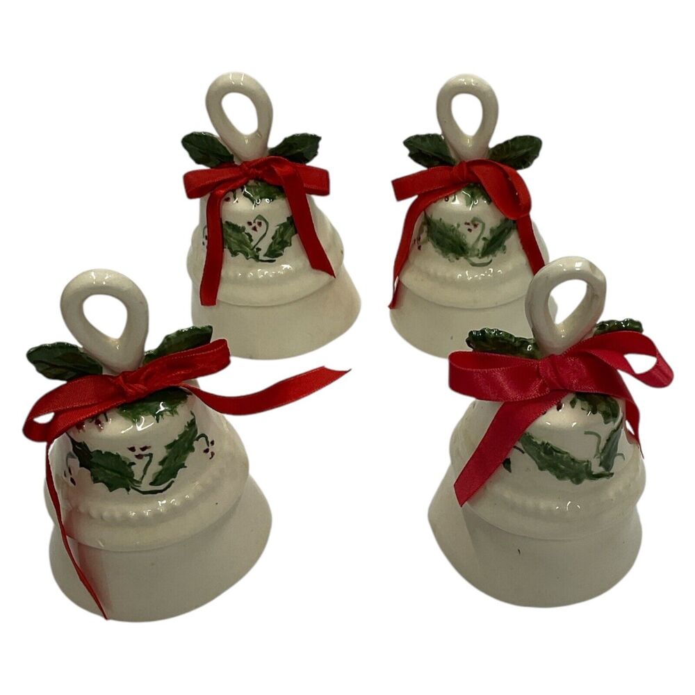 Christmas‎ Bells Holly Handpainted Red Ribbons Set of 4 Holiday Vintage Bell Set